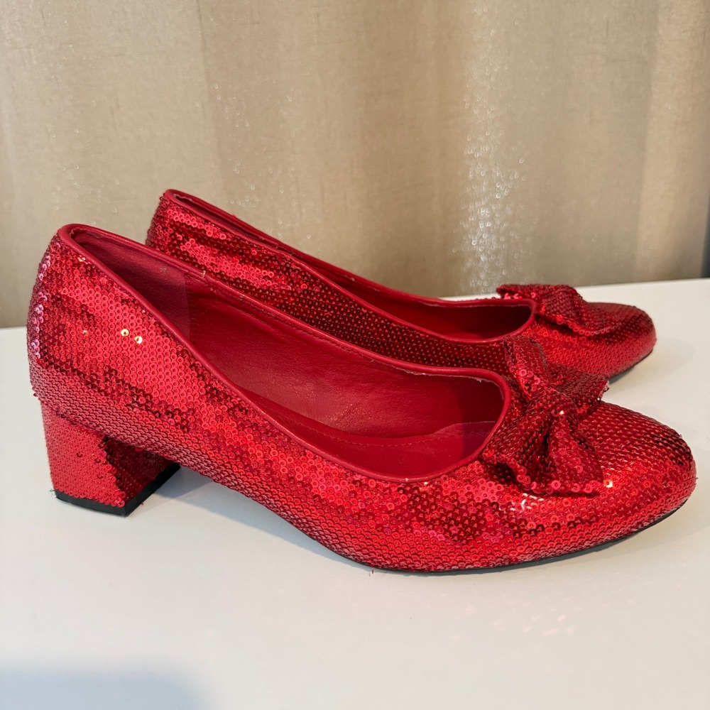 The Wizard of Oz Red Sequined Ruby Slippers Block Heel Bow Pumps Womens 9 - Picture 2 of 8